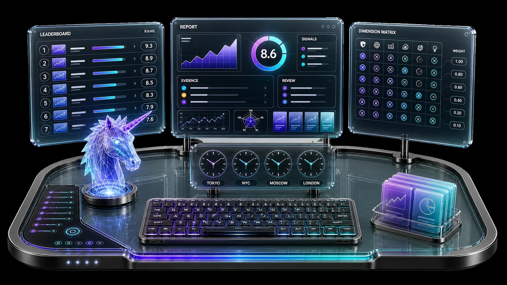 High-contrast hyperrealistic EvalLens liquid-glass workspace with leaderboard, startup report, dimension matrix, world clocks, black keyboard, deck controls, and a front-facing holographic unicorn head